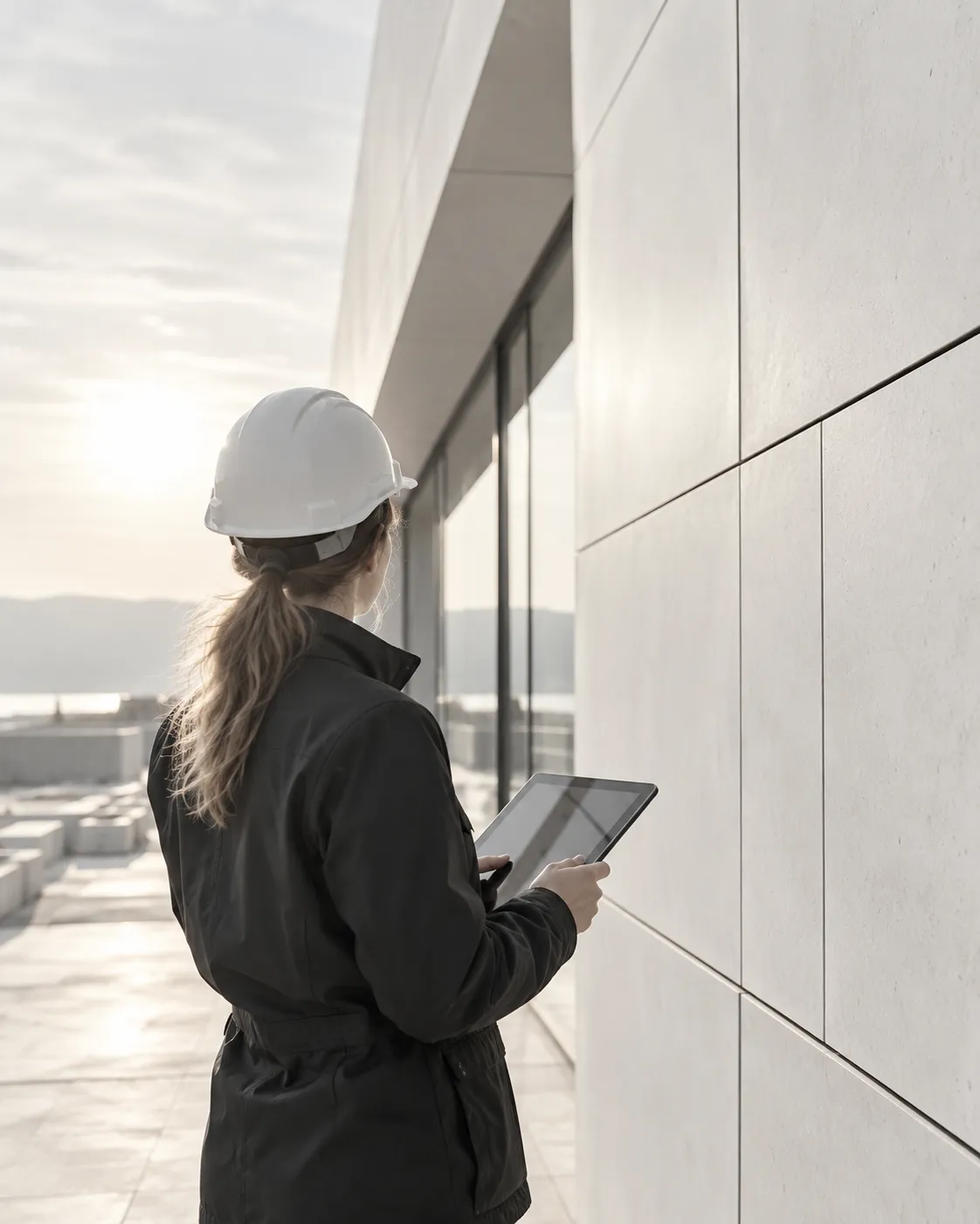 Bauleiterin prüft mit Tablet eine helle Plattenfassade